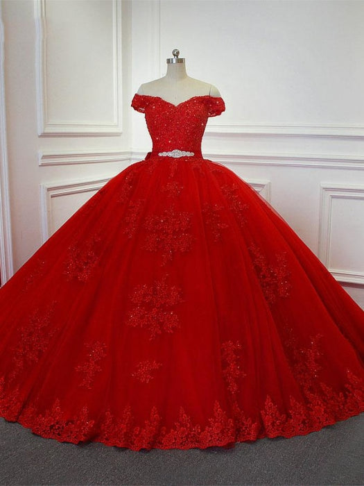Red Off-the -Shoulder Lace-Up Crytal Princess Wedding Dresses - Red / Floor length - wedding dresses