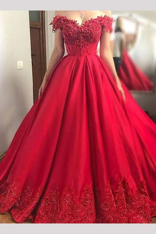 Red Off the Shoulder Long Satin Prom Dress with Lace Appliques Grad Dresses - Prom Dresses