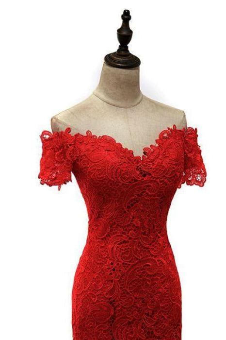 Red Off the Shoulder Mermaid Lace Prom Sweep Train Long Evening Dresses - Prom Dresses