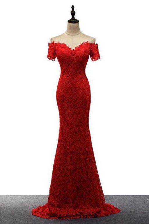 Red Off the Shoulder Mermaid Lace Prom Sweep Train Long Evening Dresses - Prom Dresses