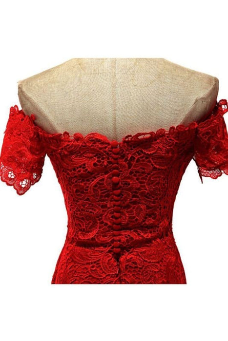 Red Off the Shoulder Mermaid Lace Prom Sweep Train Long Evening Dresses - Prom Dresses