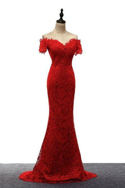 Red Off the Shoulder Mermaid Lace Prom Sweep Train Long Evening Dresses - Prom Dresses