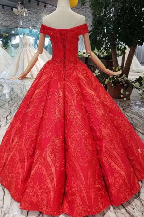 Red Off the Shoulder Puffy Prom Princess Dress with Lace Appliques Beads - Prom Dresses