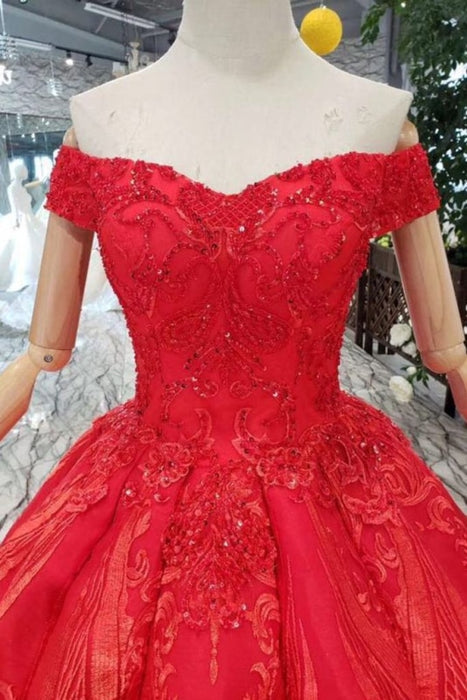 Red Off the Shoulder Puffy Prom Princess Dress with Lace Appliques Beads - Prom Dresses