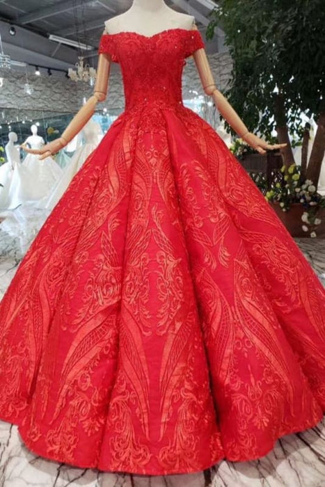 Red Off the Shoulder Puffy Prom Princess Dress with Lace Appliques Beads - Prom Dresses