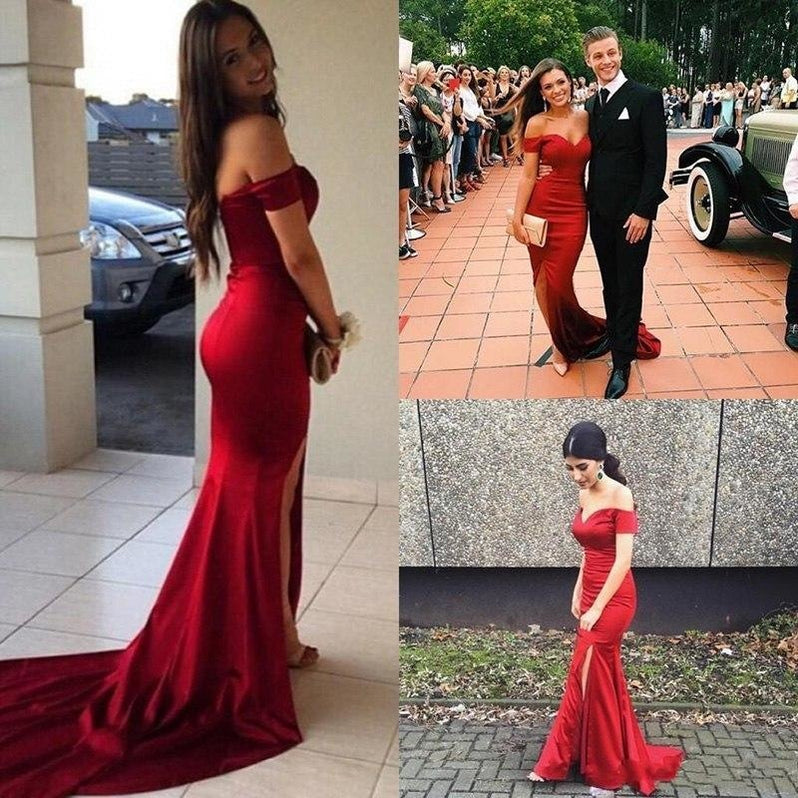 Off the Shoulder Split Short Red Prom Dresses 2021 - Bridelily