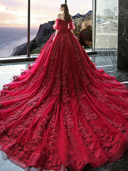 Tulle Half Sleeves Red Bridal Gown Applique Evening Party Dresses-Bridelily Tulle Half Sleeves Red Bridal Gown Applique Evening Party Dresses-Bridelily