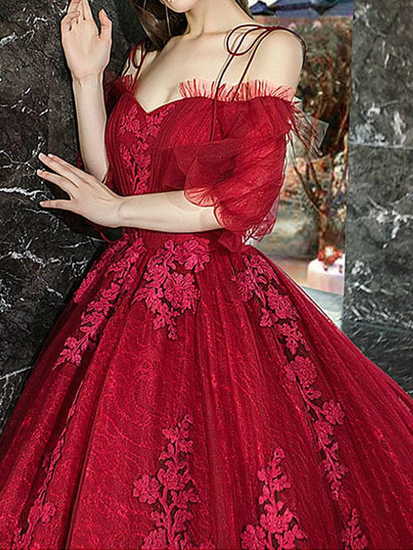 Red Princess Wedding Dresses Tulle Half Sleeves Bridal Gown Applique E ...