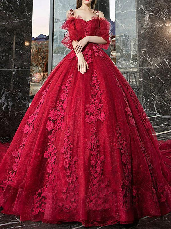 Tulle Half Sleeves Red Bridal Gown Applique Evening Party Dresses
