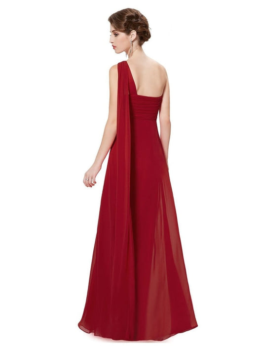 Red Prom Dress A-Line One-Shoulder Chiffon Sleeveless Pleated Maxi Party Dresses