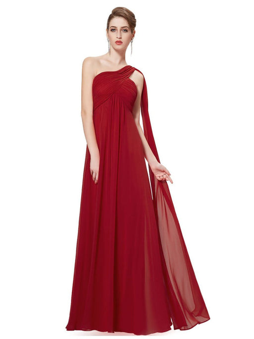 Red Prom Dress A-Line One-Shoulder Chiffon Sleeveless Pleated Maxi Party Dresses