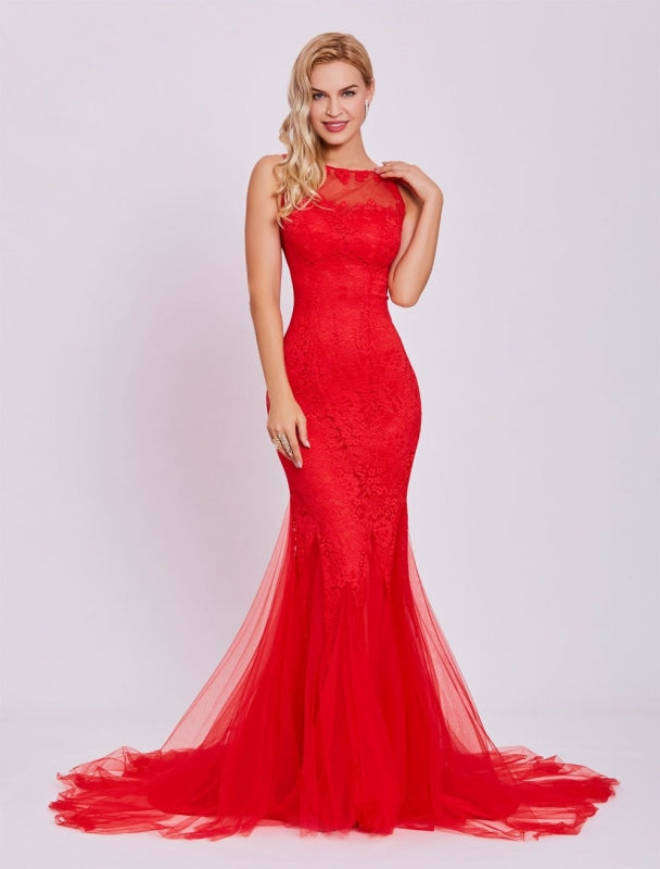 Red Prom Dresses 2021 Long Backless Sexy Evening Dress Lace Mermaid Tulle Formal Gown With Train wedding guest dress(APP ExclusivePrice  $89.99)