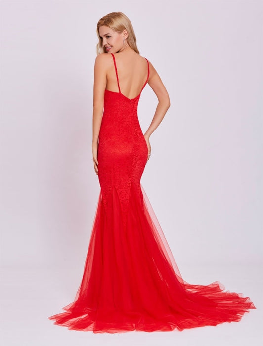 Red Prom Dresses 2021 Long Backless Sexy Evening Dress Lace Mermaid Tulle Formal Gown With Train wedding guest dress(APP ExclusivePrice  $89.99)