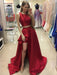 Red Round Neck Two Pieces High Low Satin Long Prom Dresses, Red Two Pieces Formal Dresses, Evening Dresses
