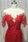 Red Satin Round Neck Long Mermaid Lace Prom Dress With Long Sleeve - Prom Dresses