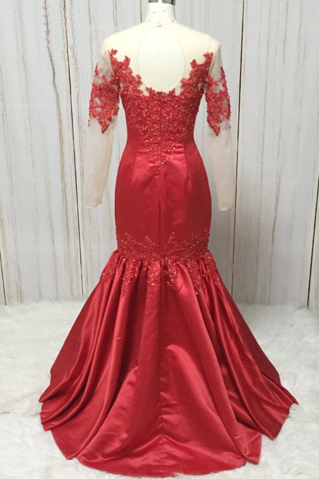 Red Satin Round Neck Long Mermaid Lace Prom Dress With Long Sleeve - Prom Dresses