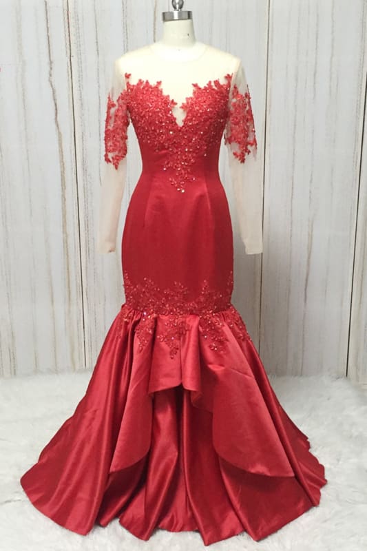 Elegant Satin Round Neck Long Sleeves Long Asymmetric Pleated Mermaid Prom Dress