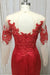 Red Satin Round Neck Long Mermaid Lace Prom Dress With Long Sleeve - Prom Dresses