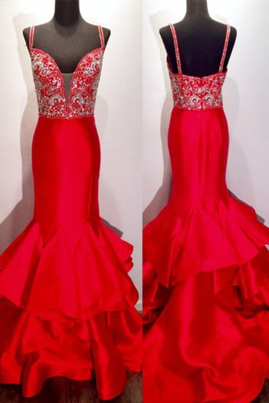 Red Satins V Neck Sequins Beaded Mermaid Long Prom Dress - Prom Dresses