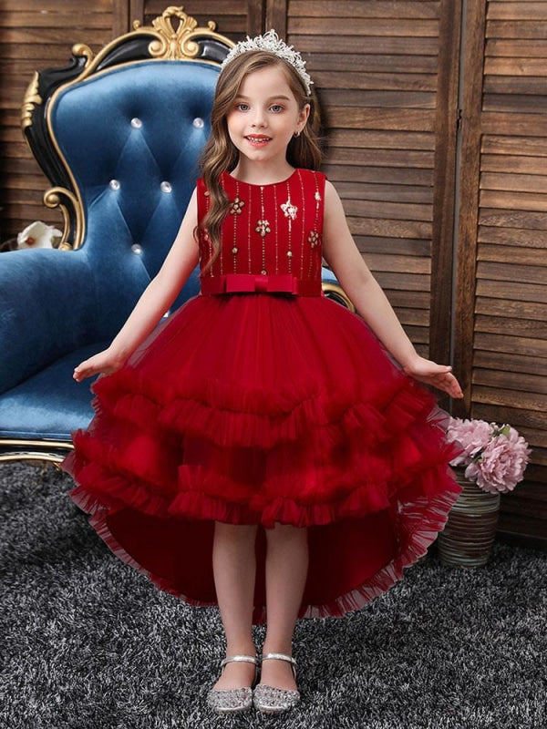 Flower Girl Dresses A-Line Jewel Neck Sleeveless Red Bows Polyester Sequined Tulle Polyester Cotton Kids Social Party Dresses Princess Dress