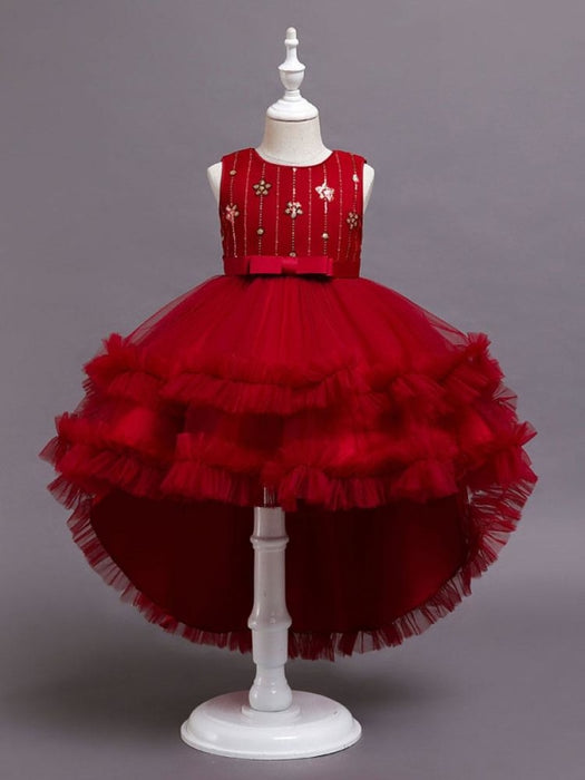 Flower Girl Dresses A-Line Jewel Neck Sleeveless Red Bows Polyester Sequined Tulle Polyester Cotton Kids Social Party Dresses Princess Dress