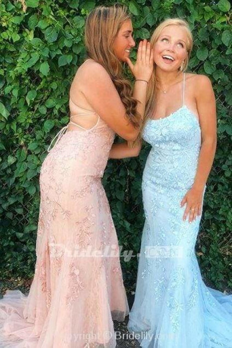 Red Spaghetti Strap Mermaid Prom Dresses with Lace Appliques Backless Formal Dress - Pink - Prom Dresses