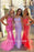 Red Spaghetti Strap Mermaid Prom Dresses with Lace Appliques Backless Formal Dress - Fuchsia - Prom Dresses