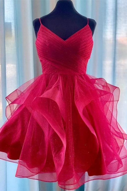 Red Spaghetti Strap Ruffled Homecoming Short Prom Dress with Pleats - Prom Dresses