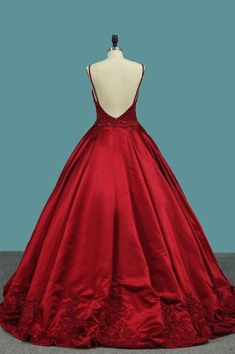Red Spaghetti Strap Satin Puffy Prom with Crystals Beading Gorgeous Formal Dress - Prom Dresses