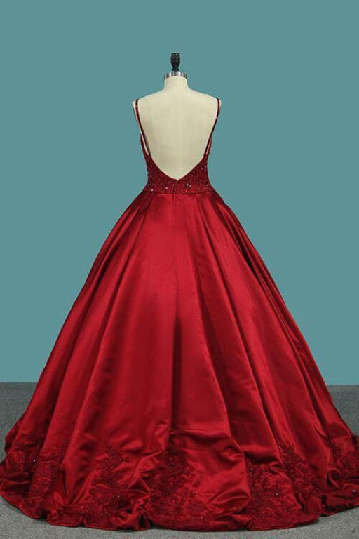 Red Spaghetti Strap Satin Puffy Prom with Crystals Beading Gorgeous Formal Dress - Prom Dresses