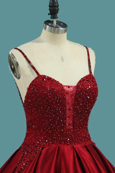 Red Spaghetti Strap Satin Puffy Prom with Crystals Beading Gorgeous Formal Dress - Prom Dresses