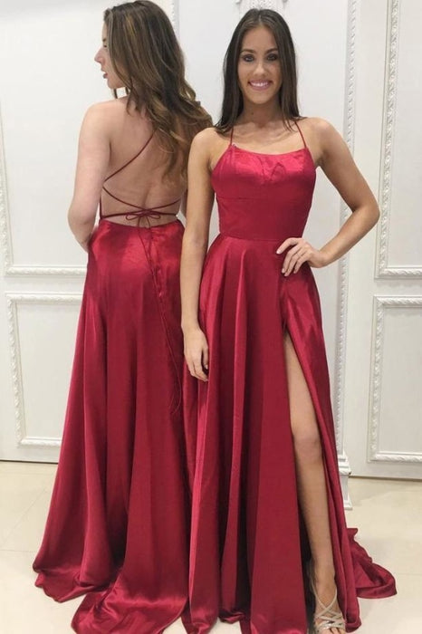 Red Spaghetti Strap Split Formal Sexy Long Prom Dress with Side Slit - Prom Dresses