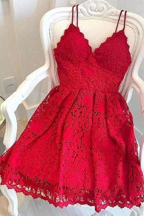 Red Spaghetti Straps Homecoming Gown Mini Lace A Line Party Dress - Prom Dresses
