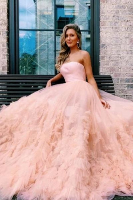 Red Strapless Cheap Tulle A Line Long Prom Dress With Train - Prom Dresses
