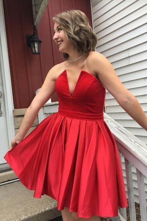 Red Strapless Ruched Short Homecoming A Line Satin Graduation Dresses - Prom Dresses