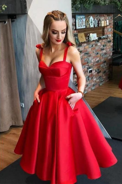Straps Tea Length Satin Simple Red Prom Dress Cheap Bridelily
