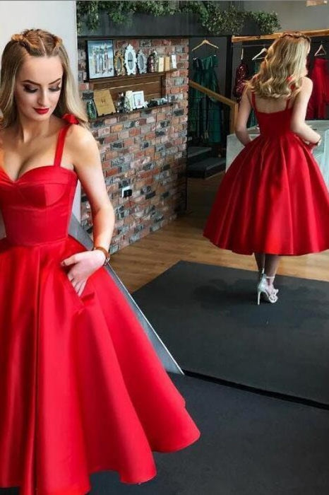 Red Straps Tea Length Satin Homecoming A Line Sleeveless Graduation Dresses - Prom Dresses
