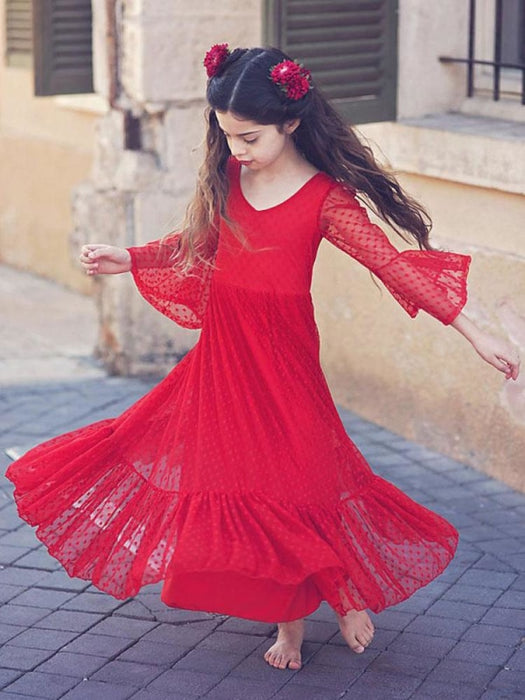 Red Flower Girl Dresses V-Neck Polyester Long Sleeves Ankle-Length A-Line Lace Formal Kids Pageant Dresses