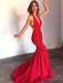 Red V Neck Mermaid Backless Long Prom Dresses with Sweep Train, Red Mermaid Backless Formal Dresses, Evening Dresses