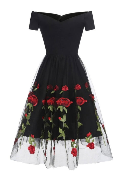 Retro Off the Shoulder Tulle Black Party with Flowers Knee Length Homecoming Dress - Prom Dresses