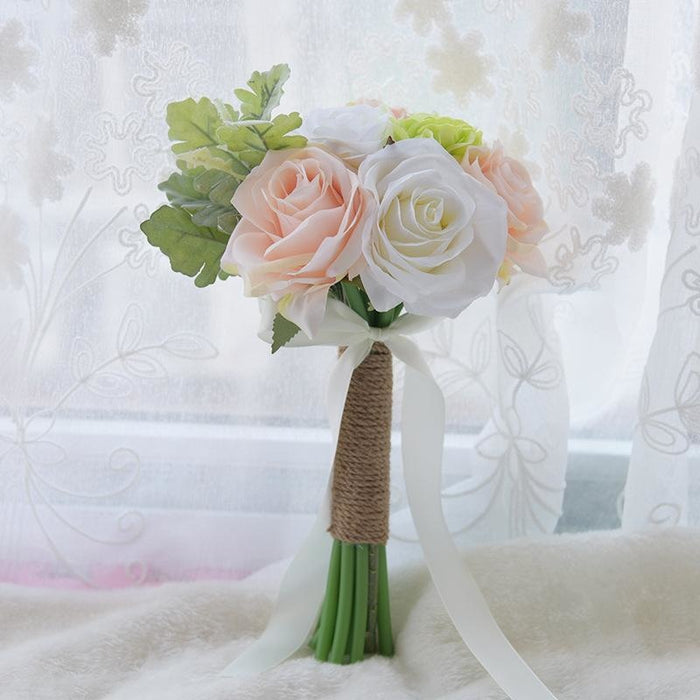 Romantic Artificial Rose with Ribbon Wedding Bouquet | Bridelily - champagne - wedding flowers