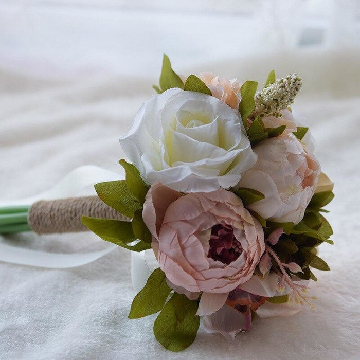 Romantic Artificial Rose with Ribbon Wedding Bouquet | Bridelily - pink white peony - wedding flowers