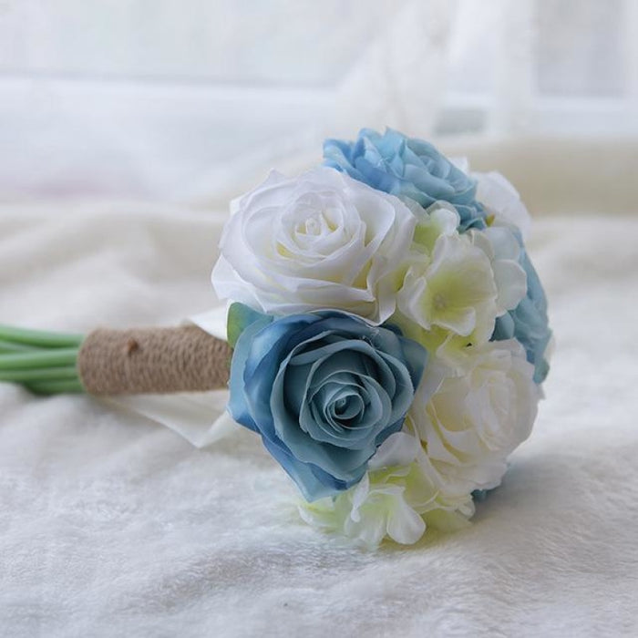 Romantic Artificial Rose with Ribbon Wedding Bouquet | Bridelily - blue withe rose - wedding flowers