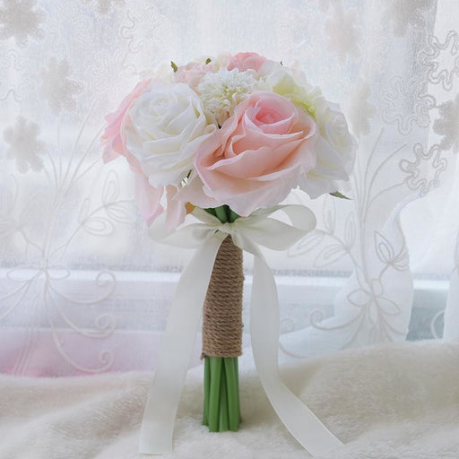 Romantic Artificial Rose with Ribbon Wedding Bouquet | Bridelily - pink white rose - wedding flowers