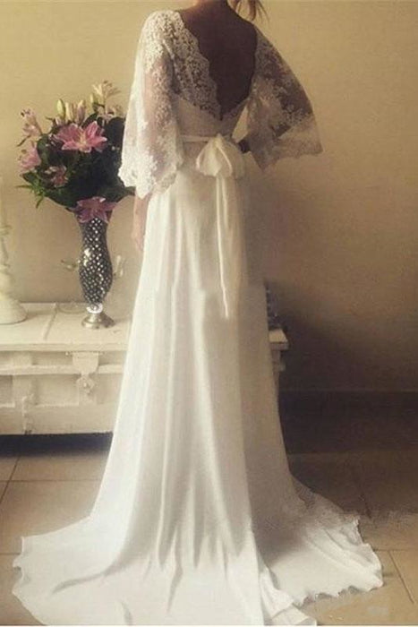 Romantic Boho V Neck Lace Appliques Chiffon Long Beach Wedding Dress - Wedding Dresses