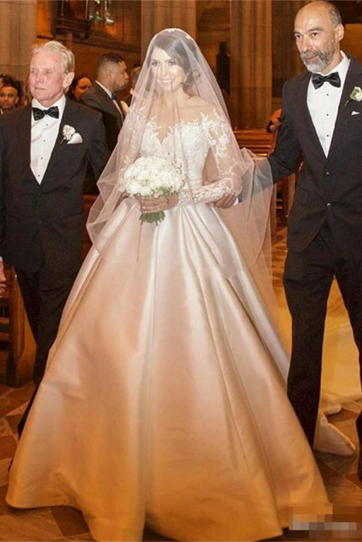 Romantic Lace Satin Skirt with Long Sleeves Illusion Back Wedding Dress - Wedding Dresses