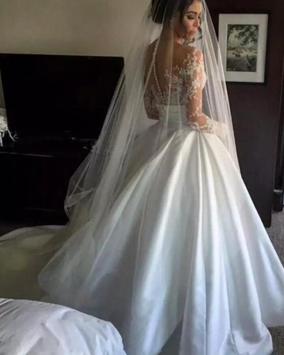 Lace Satin A-Line Wedding Dress with Long Sleeves & Illusion Back | Bridelily Lace Satin A-Line Wedding Dress with Long Sleeves & Illusion Back | Bridelily