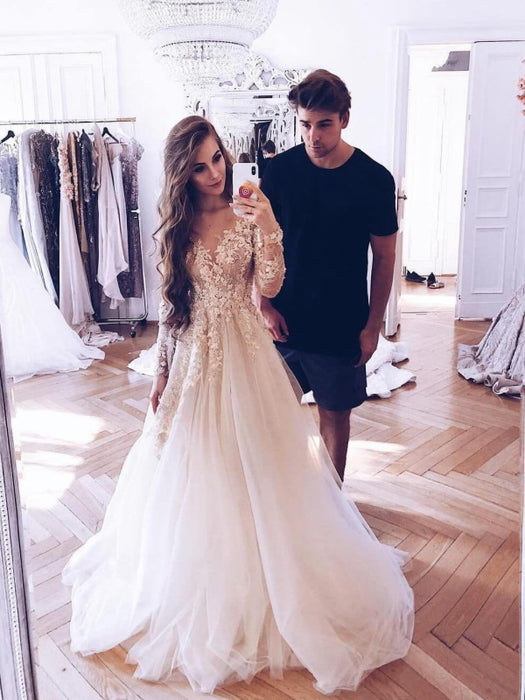 Romantic Vintage Long Sleeve Lace Wedding Dress with Train - Bridelily Romantic Vintage Long Sleeve Lace Wedding Dress with Train - Bridelily