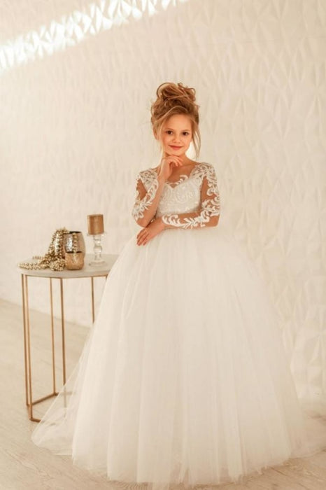 Romantic Long Sleeves White Tulle Lace Appliques Wedding Party Dress for Girls - Ivory / 2Y-3Y - Flower Girl Dresses