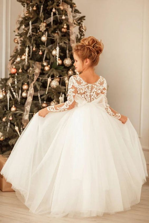 Romantic Long Sleeves White Tulle Lace Appliques Wedding Party Dress for Girls - Flower Girl Dresses